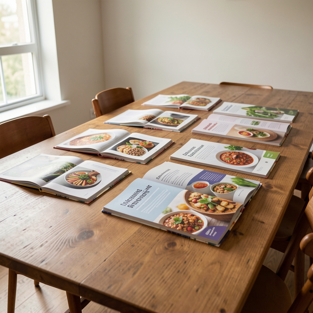 Светао едукативни простор са отвореним публикацијама о исхрани и нутриционизму распоређеним на великом столу, природно бочно осветљење, без особа