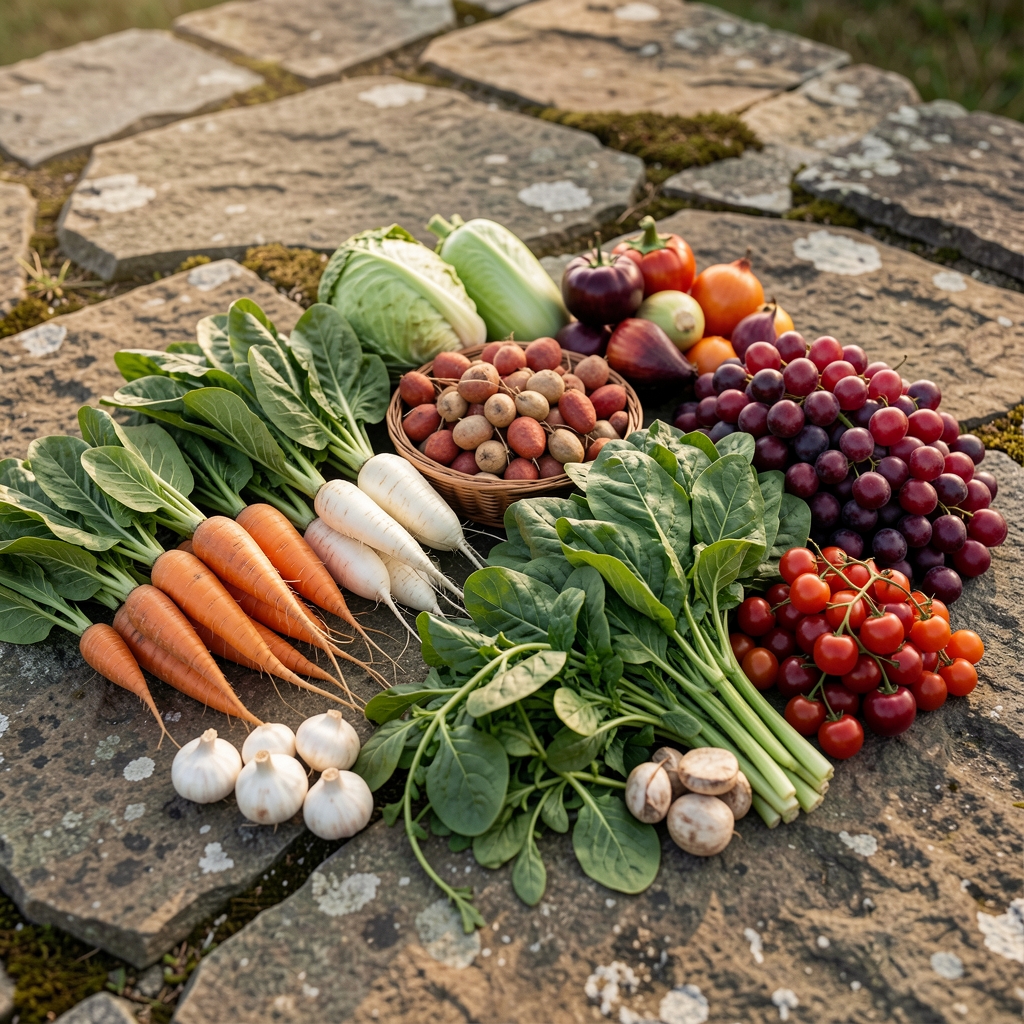 Разноврсно сезонско поврће распоређено по групама на каменој површини: коренасто поврће, лиснате врсте, сезонски плодови у природном дифузном светлу