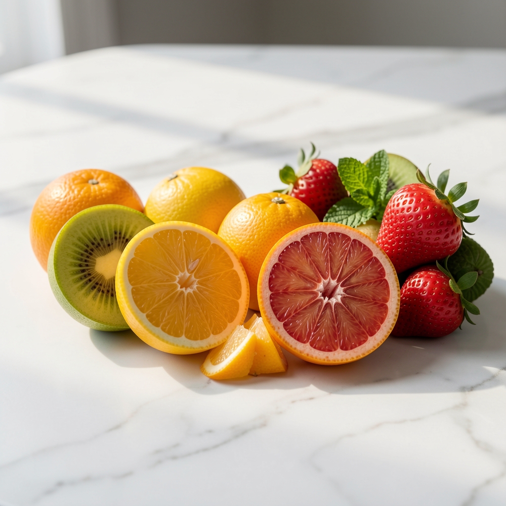 Свеже цитруси и тропско воће пресечено попола на белом мермерном столу са природним бочним осветљењем, јарке природне боје без додатних реквизита