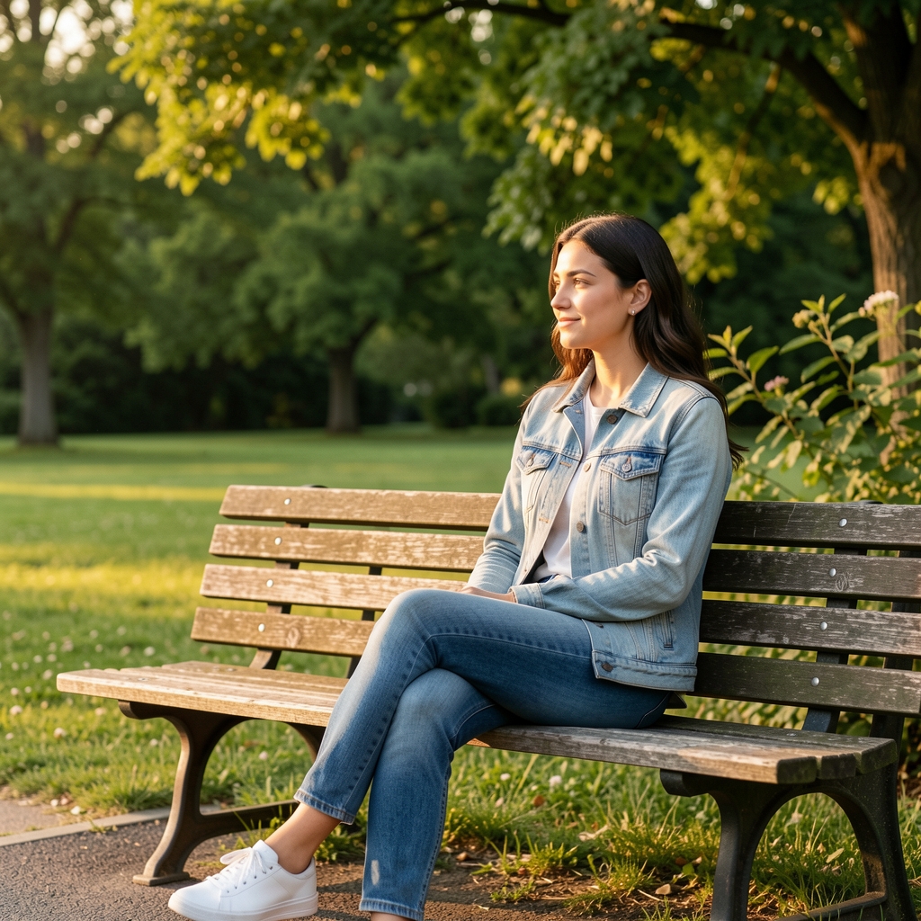 Особа која мирно ужива у природи на отвореном, седи на клупи у парку са зеленилом у позадини, снимљено у топлом природном светлу јутра