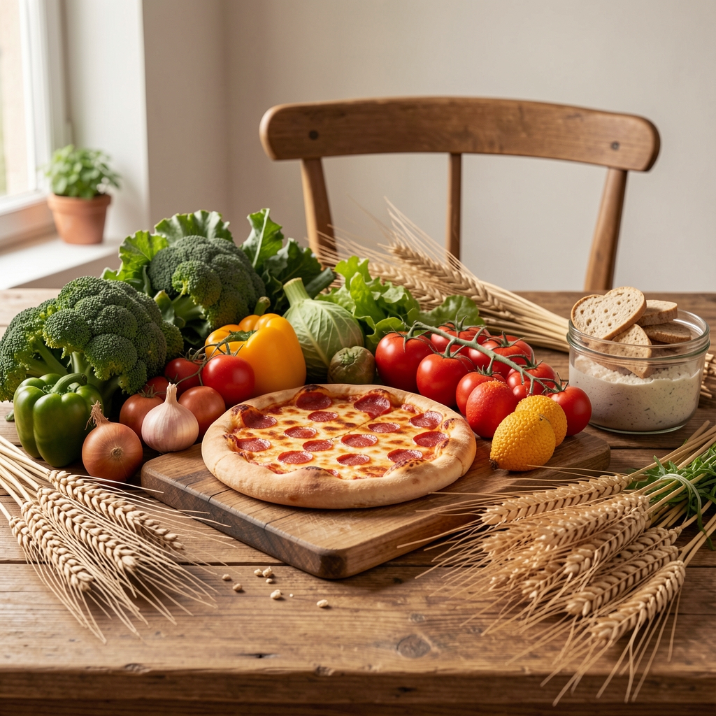 Разноврстан природан оброк на тањиру са поврћем, житарицама и биљном храном на дрвеном столу, медитеранска композиција у природном светлу без позадинских елемената