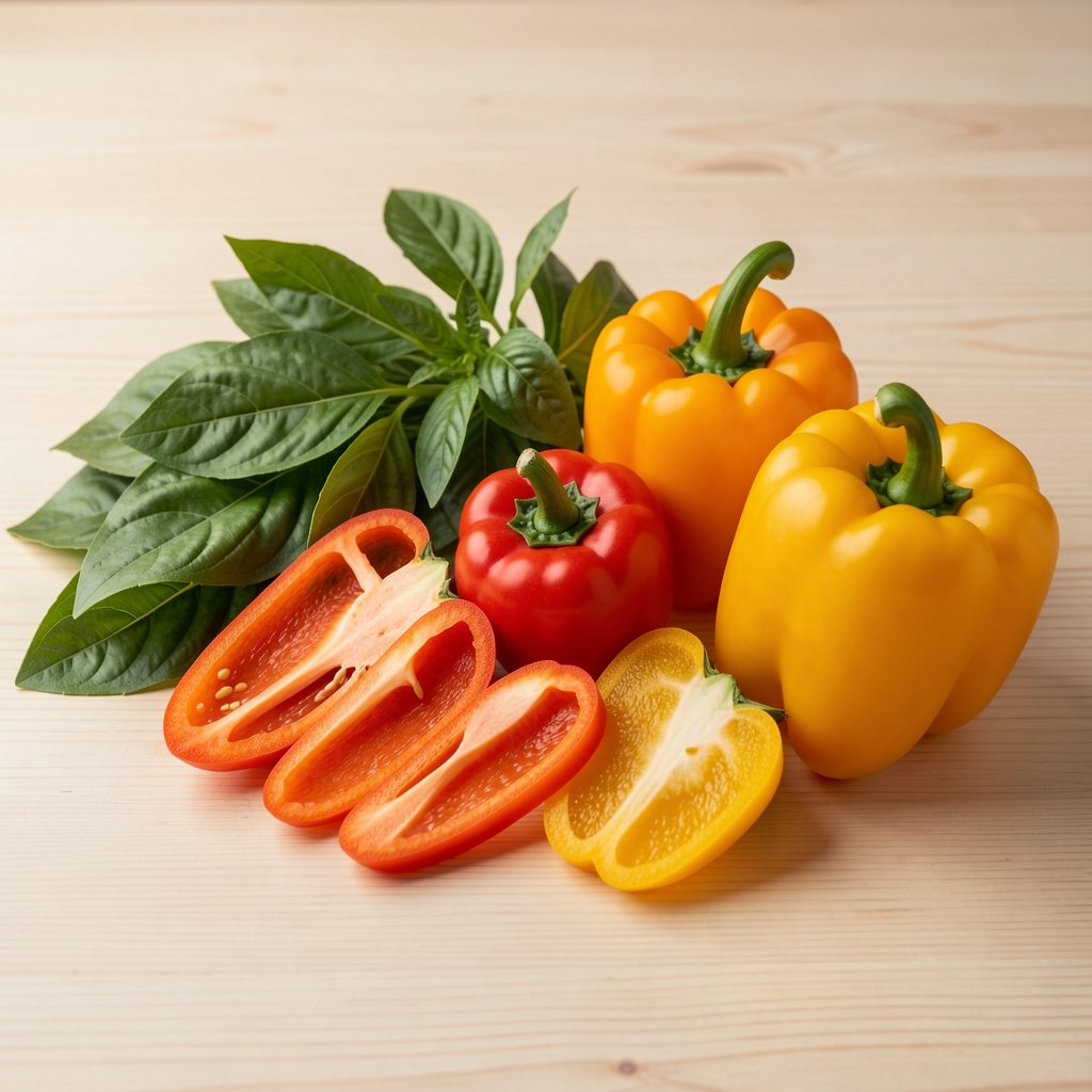 Свеже поврће и воће на светлој дрвеној површини у природном дифузном осветљењу, зелено лишће першина и целера, наранџасте шаргарепе и жуте паприке